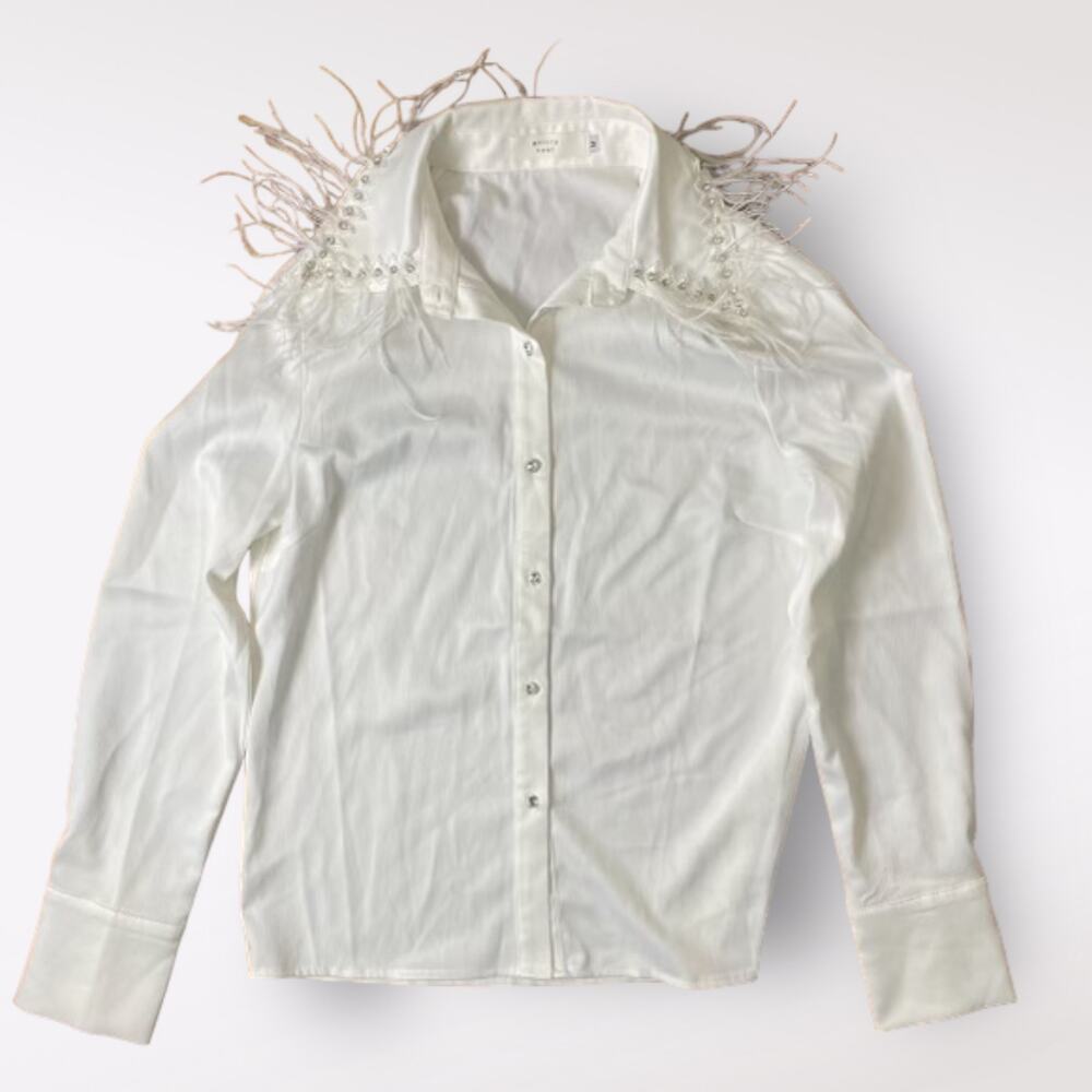 Gritty‎ Soul White Ms. Bling Em Blouse Feathered Collar Size M